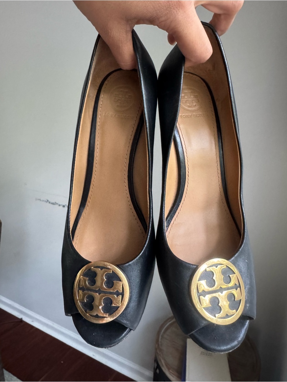 Tory Burch Benton Black Leather Peep-Toe Heels with Gold Logo Medallion